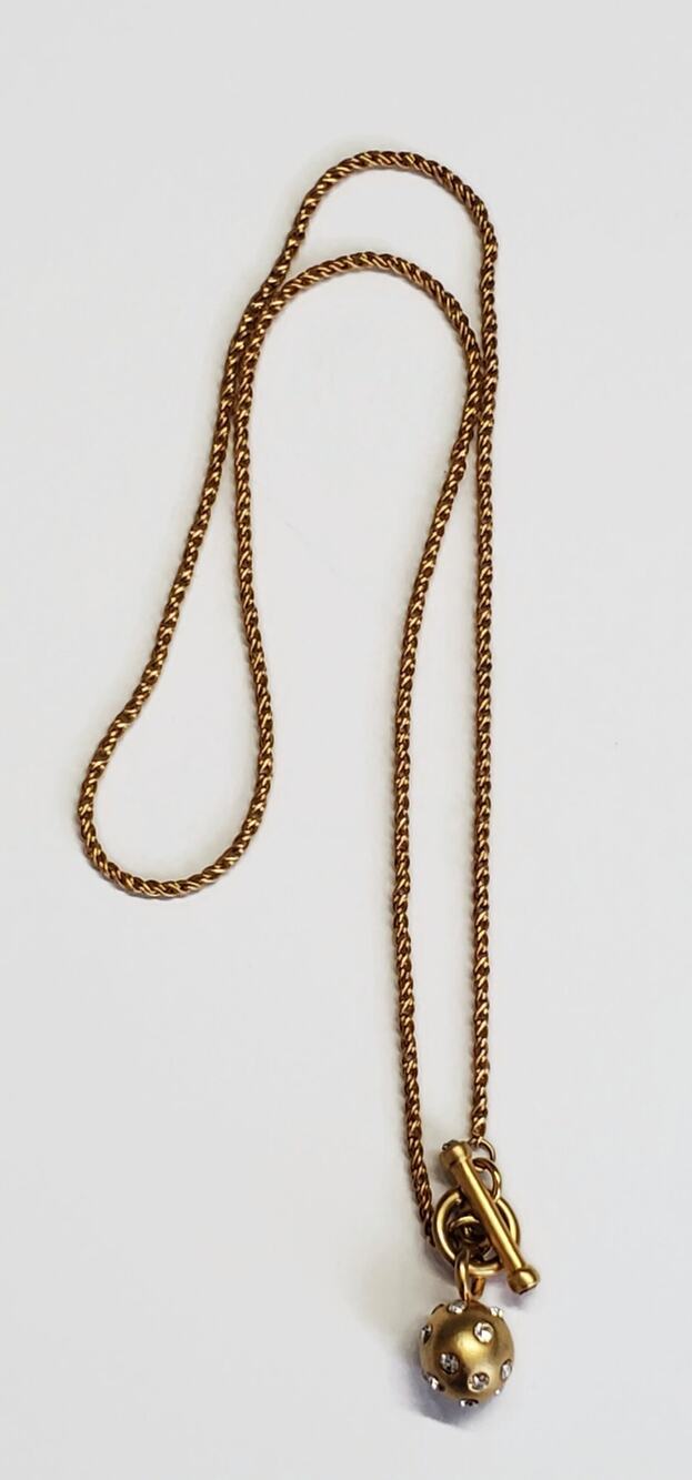 Matte Gold Tone Clear Rhinestone Studded Bead Toggle Necklace 17"